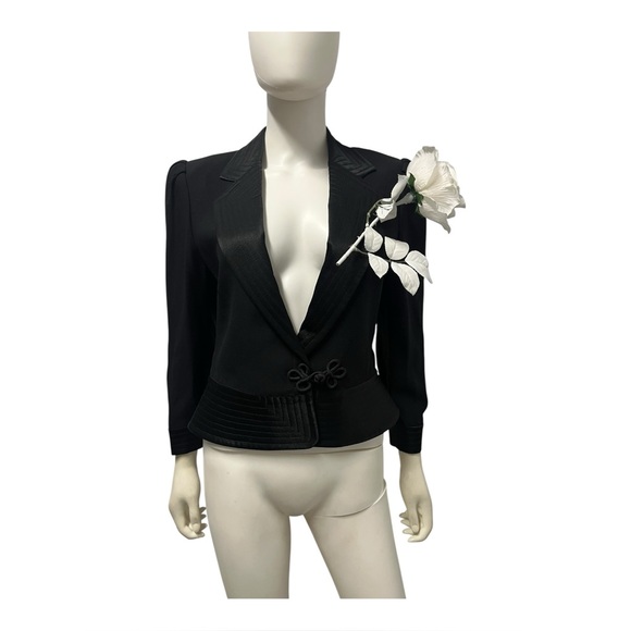 VTG 90s LOUIS FERAUD Black Avant Maximalist Cocktail Tuxedo Jacket 8 w Rose - Picture 2 of 9